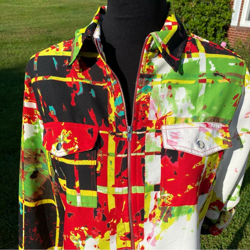 -Tracy M Zip Up Front L/S Colorful Collared Blouse Women's Large - Picture 4 of 12